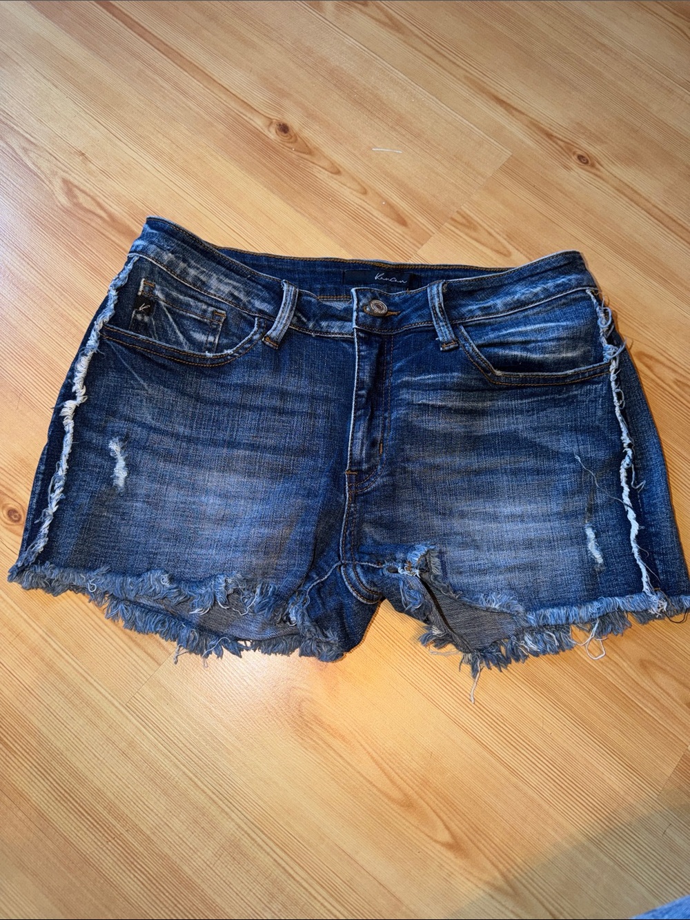 KanCan Distressed Frayed Hem Denim Shorts - Dark Blue